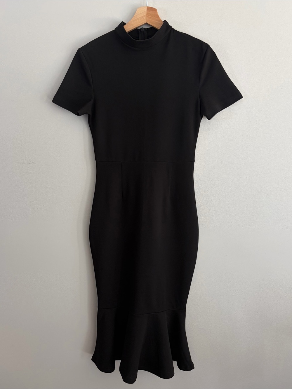 Black Mock Neck Short Sleeve Midi Dress with Flounce Hem